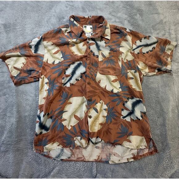 Banana Cabana Silk Hawaiian Shirt XL Rust Orange Tropical Floral Aloha Y2K - Picture 2 of 9